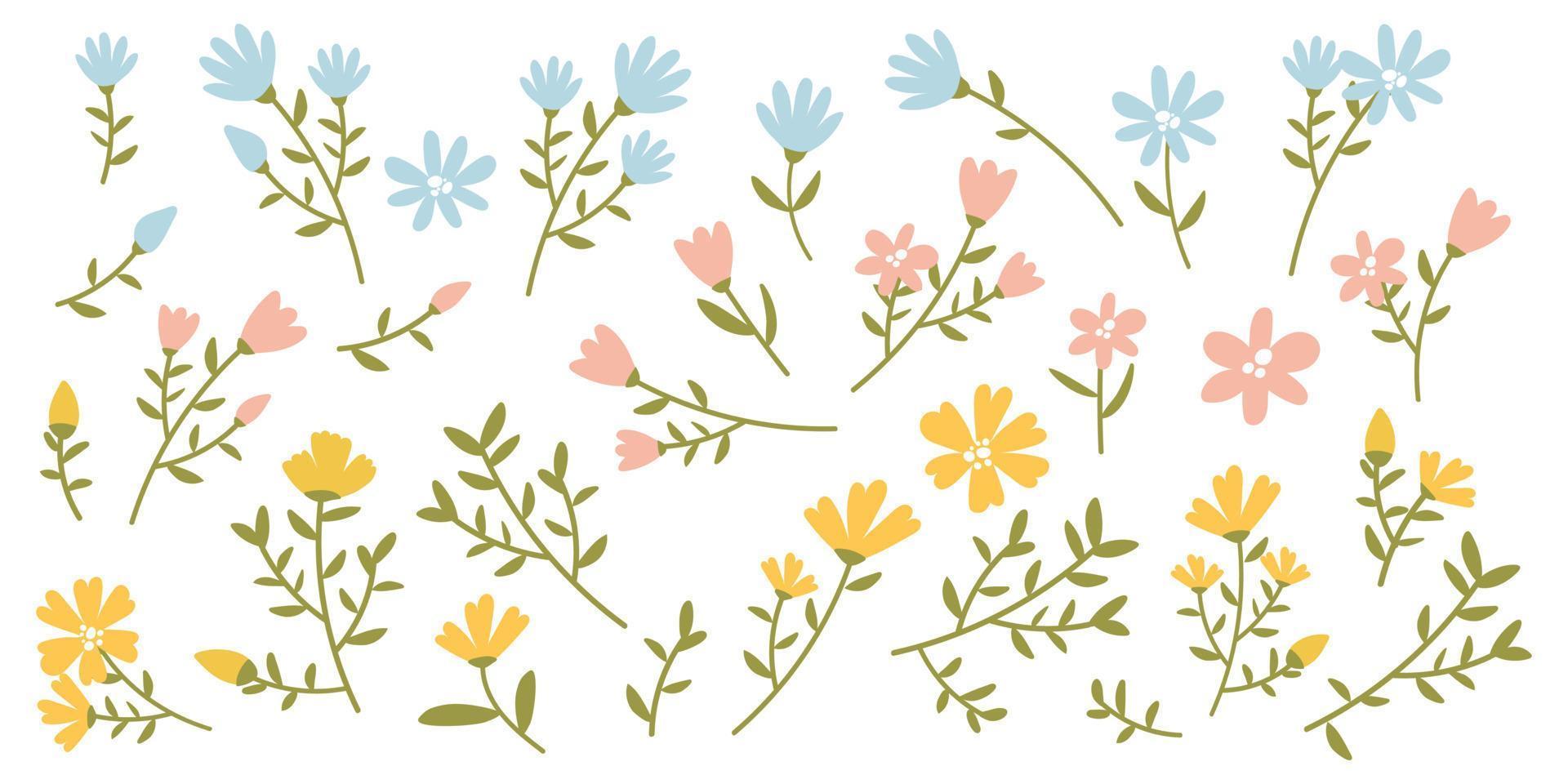 A large set of 30 elements of hand-drawn spring flowers in yellow, blue and pink colors. Stickers for spring holidays. March 8, Mother's Day, Easter. Printing on textiles and paper vector