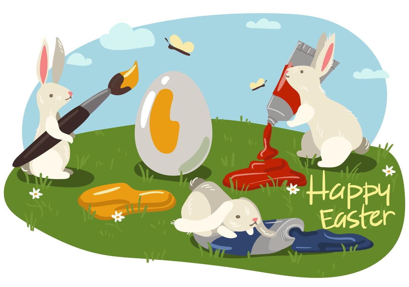 Easter bunnies on the lawn with painted eggs. Cute rabbits in the meadow paint eggs with brushes and paints. Paint in a tube, brushes. The work of Easter bunnies. postcard, banner vector