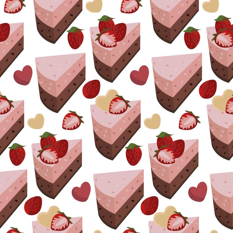 A set of pieces of chocolate and strawberry cake. Dessert with decorative elements of strawberries. Background for printing on textiles and paper. Seamless gift wrapping for the birthday party vector