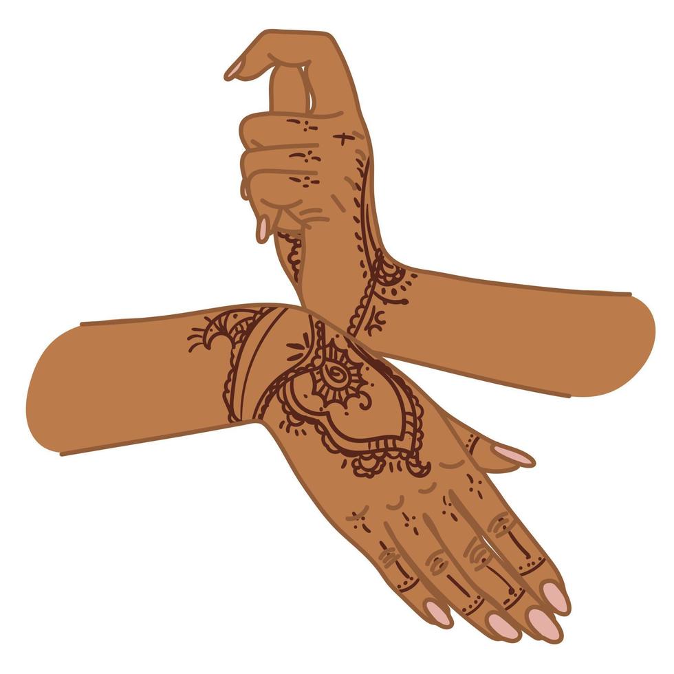 The traditional hand sign of a dancing woman. Indian classical dance Bharatanatyam mudra. Alapadma hasta. Mehendi. Ornate hands with henna. Beautiful hand movement dance. Color vector illustration.