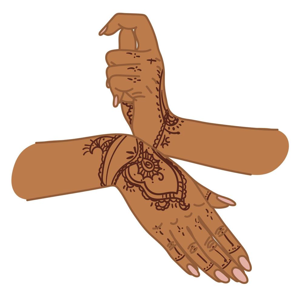 el tradicional mano firmar de un bailando mujer. indio clásico danza bharatanatyam mudra. alapadma hasta. mehendi florido manos con alheña. hermosa mano movimiento bailar. color vector ilustración.