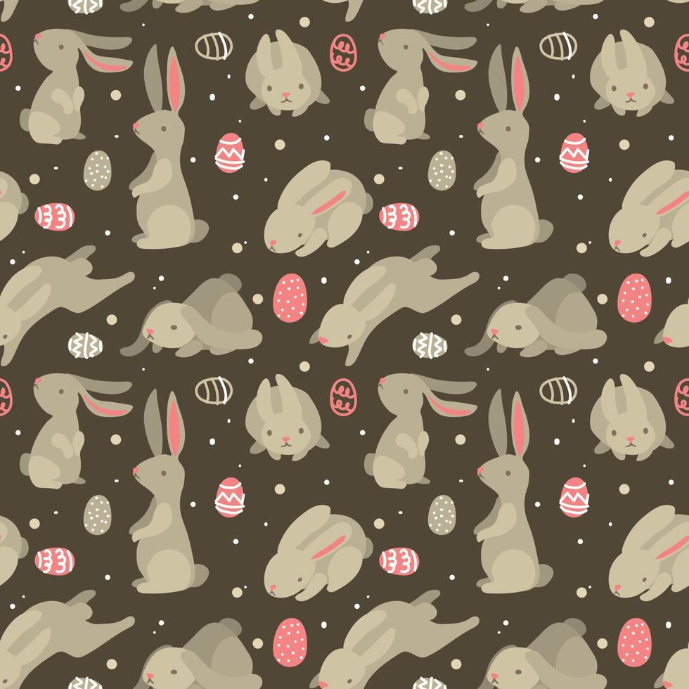 A pattern of gray Easter bunnies and colored Easter eggs. Different bunnies for kids. Rabbit or hare, a spring festive animal for Easter. Vintage simple vector character on a dark background Packaging