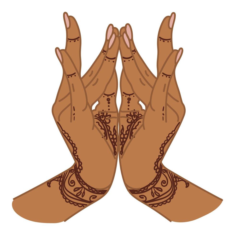 The traditional hand sign of a dancing woman. Indian classical dance Bharatanatyam mudra. Alapadma hasta. Mehendi. Ornate hands with henna. Beautiful hand movement dance. Color vector illustration.