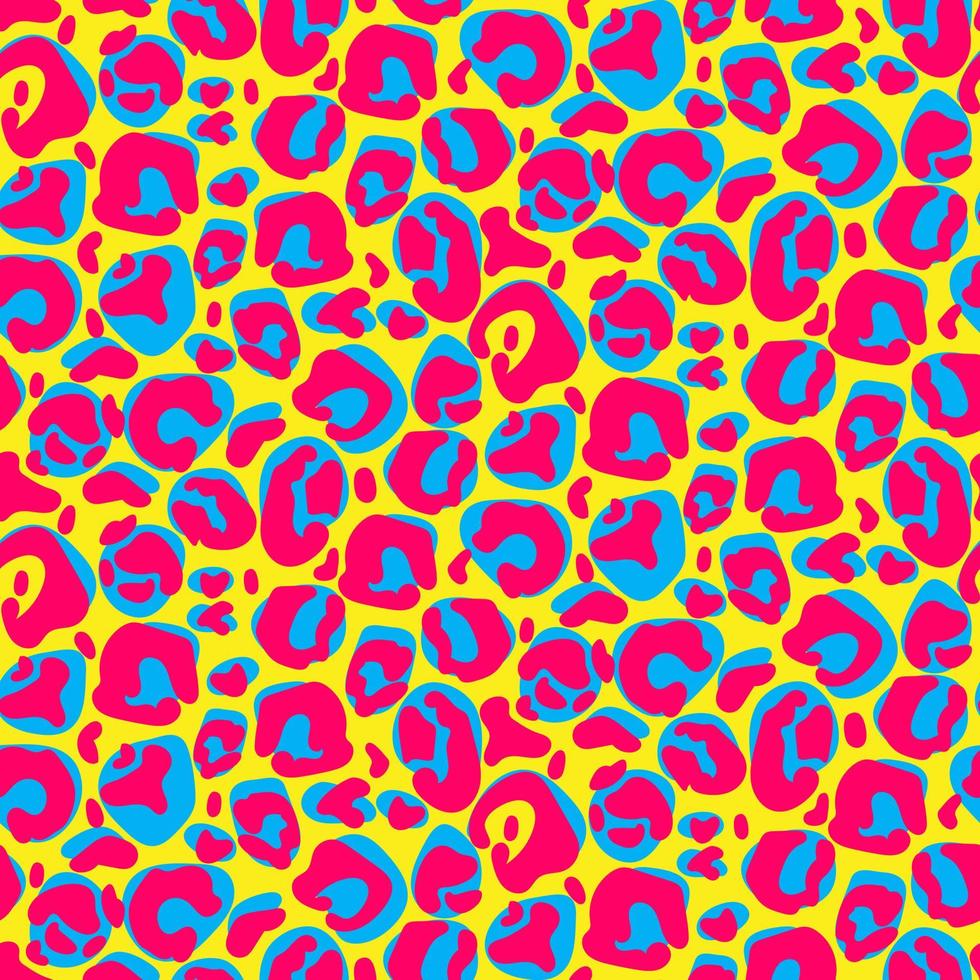 Vector large leopard pattern, seamless background, classic print. Abstract skin of a wild cat. Spots. Bright uneven spots of different shades. Printing on paper and textiles. Yellow, Blue, Pink