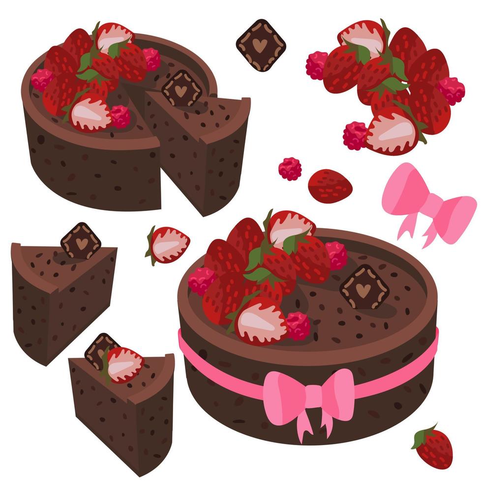 A set of delicious mini pie vector illustration in cartoon style. Chocolate cheesecake, a piece of cake lined with strawberries, ribbon. For greeting cards, restaurant and bakery menus. Stickers.