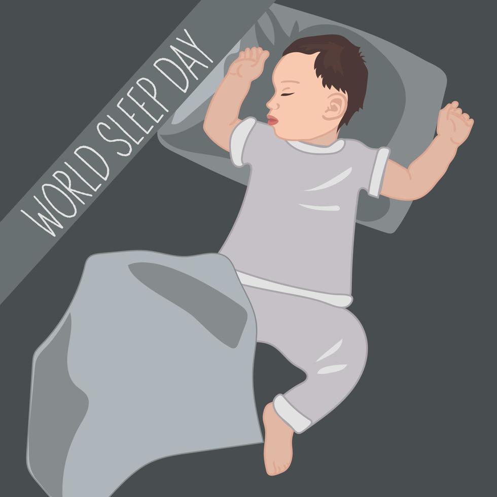 Banner of a sleeping child, World Sleep Day. The cute baby is fast asleep and has a good dream. The baby is lying in bed under a blanket and fast asleep. Sleep tight, sweet dreams concept. Vector