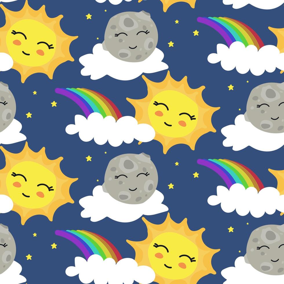 A pattern with a cute sun, moon and rainbow in the clouds. Children's illustration. Printing on paper and textiles. Gift wrapping, background for postcards, banner, fabric. vector