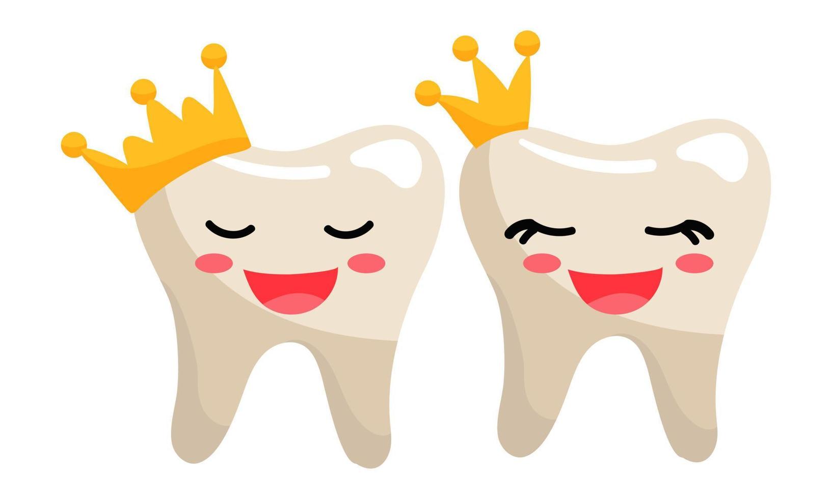 Cute toothy smiley Teeth with crowns. Clean, even, joyful teeth with emotions. A girl and a boy and an inscription. Teeth in a flat style on a white background vector