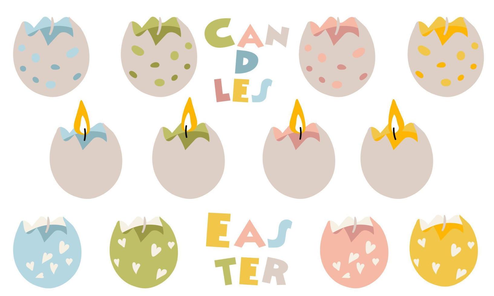 Easter candles with fire in the form of eggshells. Aromatic wax in the shape of an egg with a burning flame, a cozy home interior. A set of vector colorful illustrations isolated on a white background