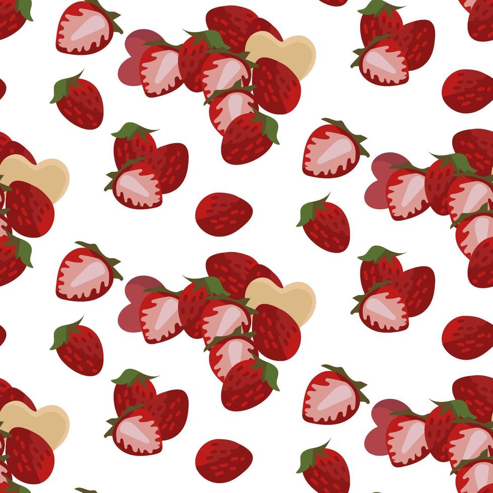 Strawberry pattern as decoration. Red strawberries separately and in a pile with a chocolate heart inside. Vector illustration. Packaging for the holiday Valentine's Day, birthday, mother's Day