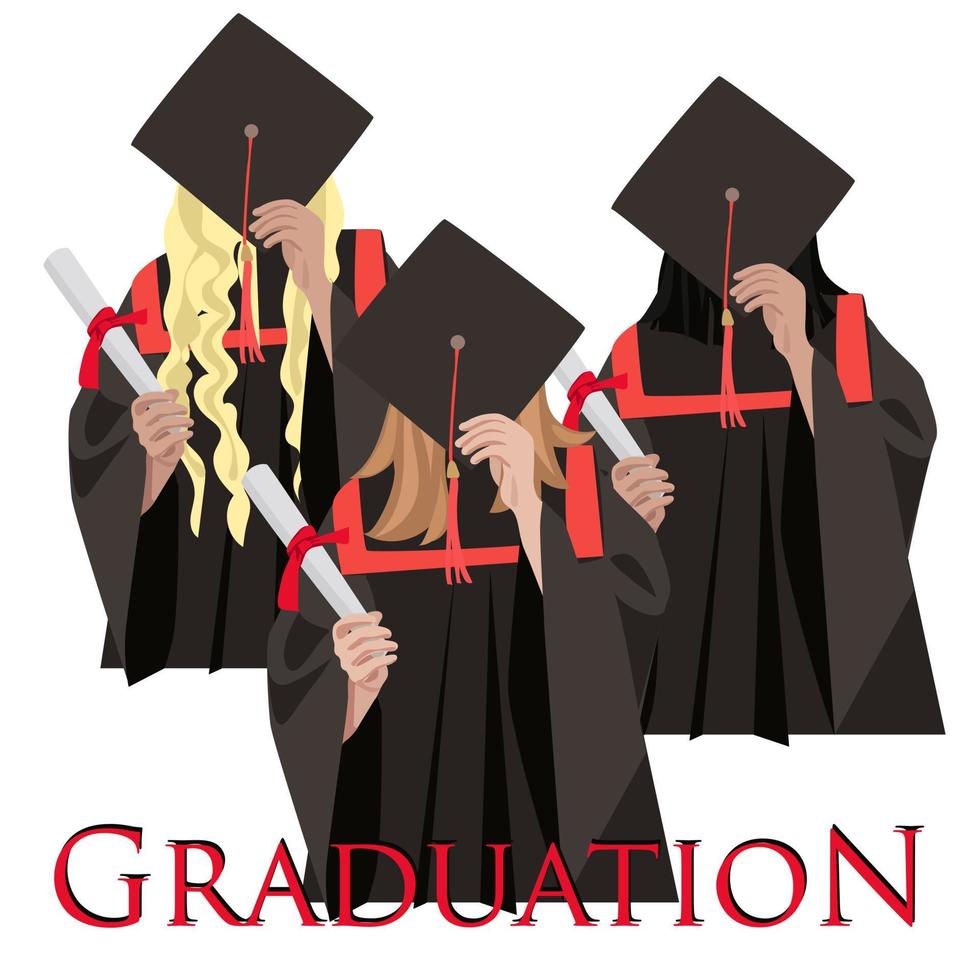 Several young female students graduated from school with a diploma. Students cover their face with a hat. Graduation 2023. End of school. Printing on banners and flyers by the end of school. vector