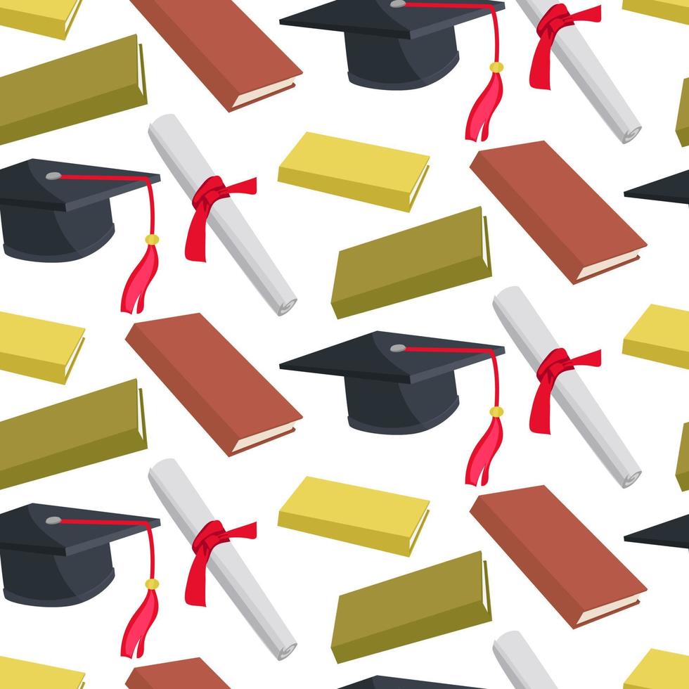 A pattern of graduation hats, high school or college graduation diplomas, and books. Class 2023 in different colors. Congratulations to the graduates of 2023 background postcard. Packaging vector