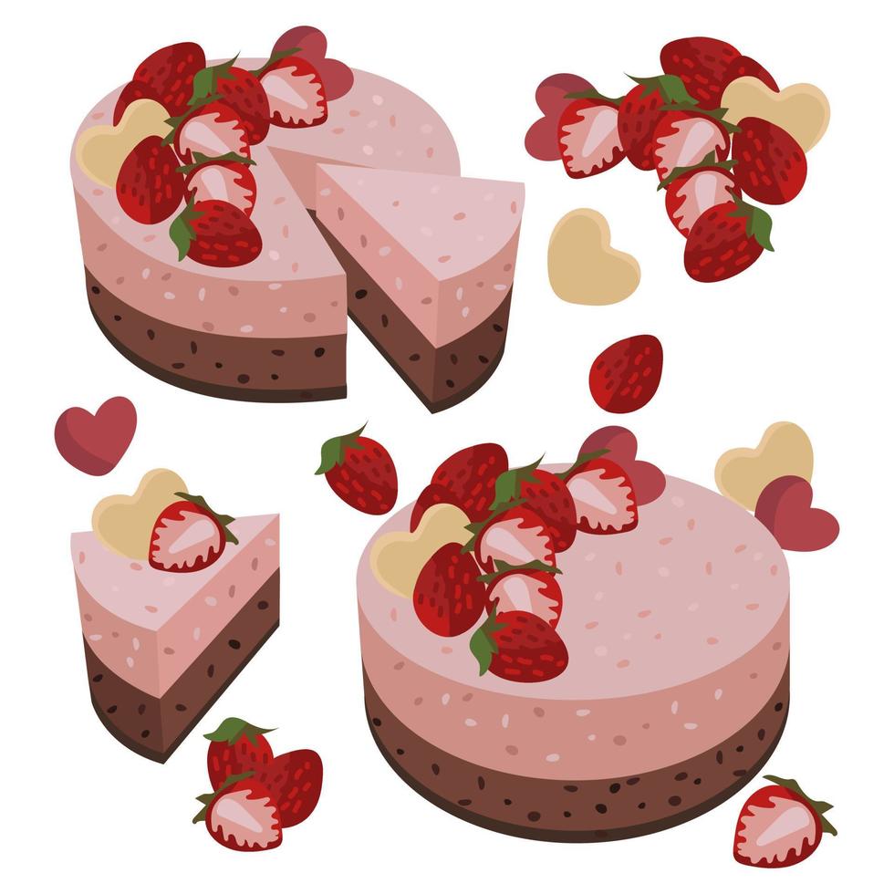 Set on the theme of strawberry-chocolate cake a piece of cake, strawberry-chocolate desserts, strawberry decoration, a group of strawberries. Vector flat illustration on an isolated white background.