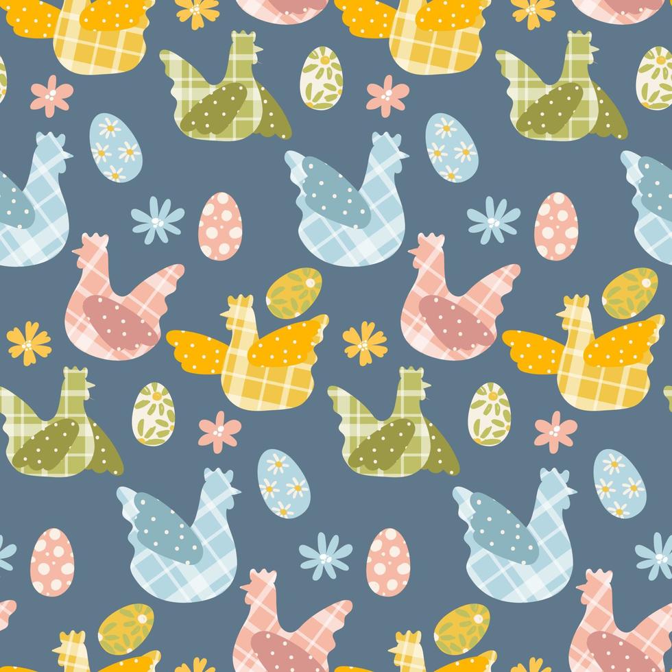 Chicken pattern with checkered fabric texture. Chicken, rooster and eggs and flowers of different colors. Easter palette. Background for printing. Gift wrapping. Children's vector illustration
