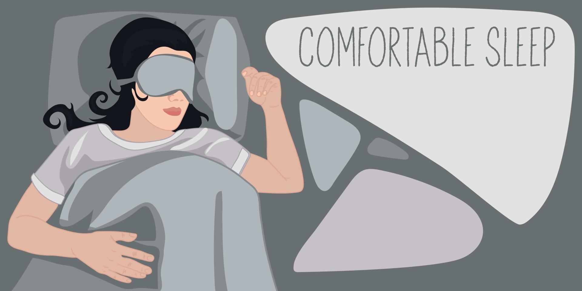 bandera cómodo dormir. un contento joven mujer es rápido dormido, ella es teniendo un bueno sueño. el niña es acostado en cama debajo un suave funda Nordica y rápido dormido. dormir ajustado, dulce Sueños concepto. vector