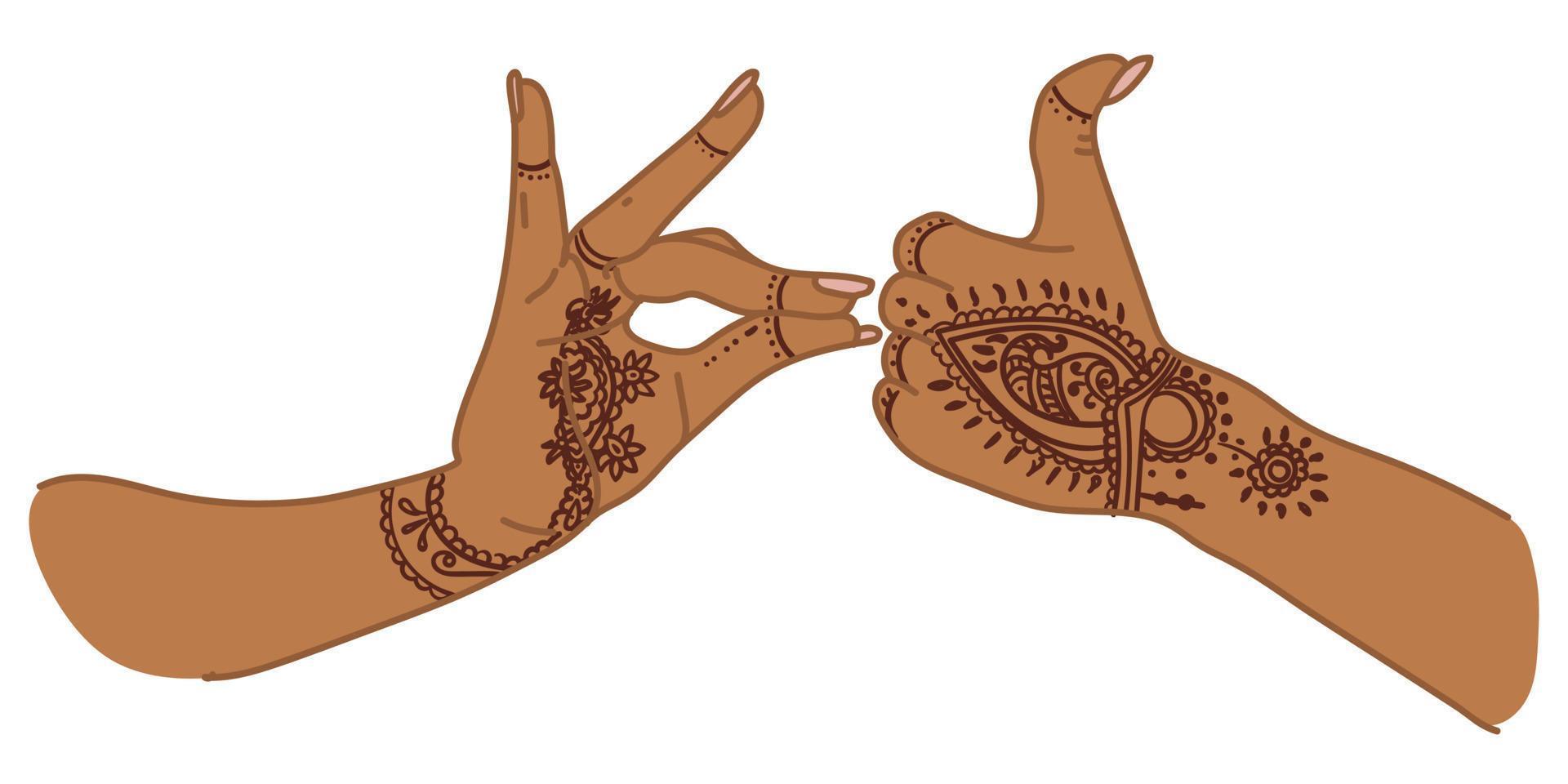 The traditional hand sign of a dancing woman. Indian classical dance Bharatanatyam mudra. Alapadma hasta. Mehendi. Ornate hands with henna. Beautiful hand movement dance. Color vector illustration.