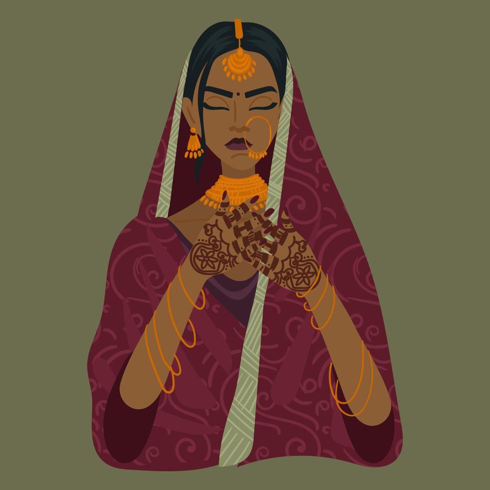 Illustration of an Indian girl in a traditional dress on a green background. An emotional serious Indian woman in a festive costume. Wedding vector