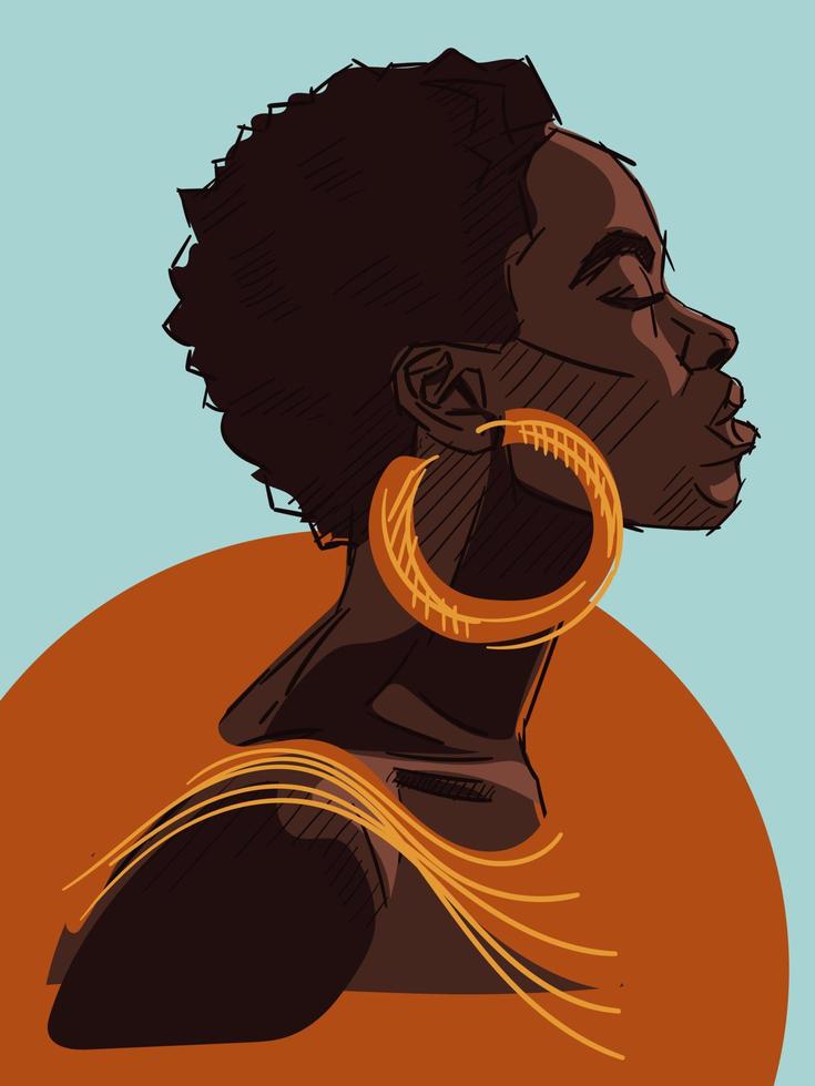 moderno africano mujer en perfil con joyas. un pelo rizado afroamericano mujer mira lejos en un naranja antecedentes. un bosquejo con de colores lugares y un antecedentes. vector ilustración