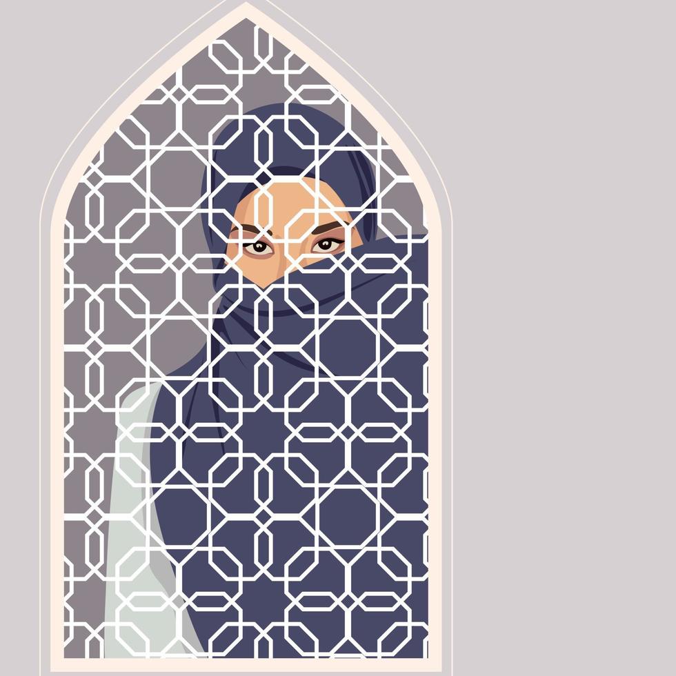 World Hijab Day. A Muslim woman in a hijab. A Muslim woman looks through a textured window. Hijab Day. Islamic window with oriental texture. Vector illustration of a girl in a headscarf. Banner