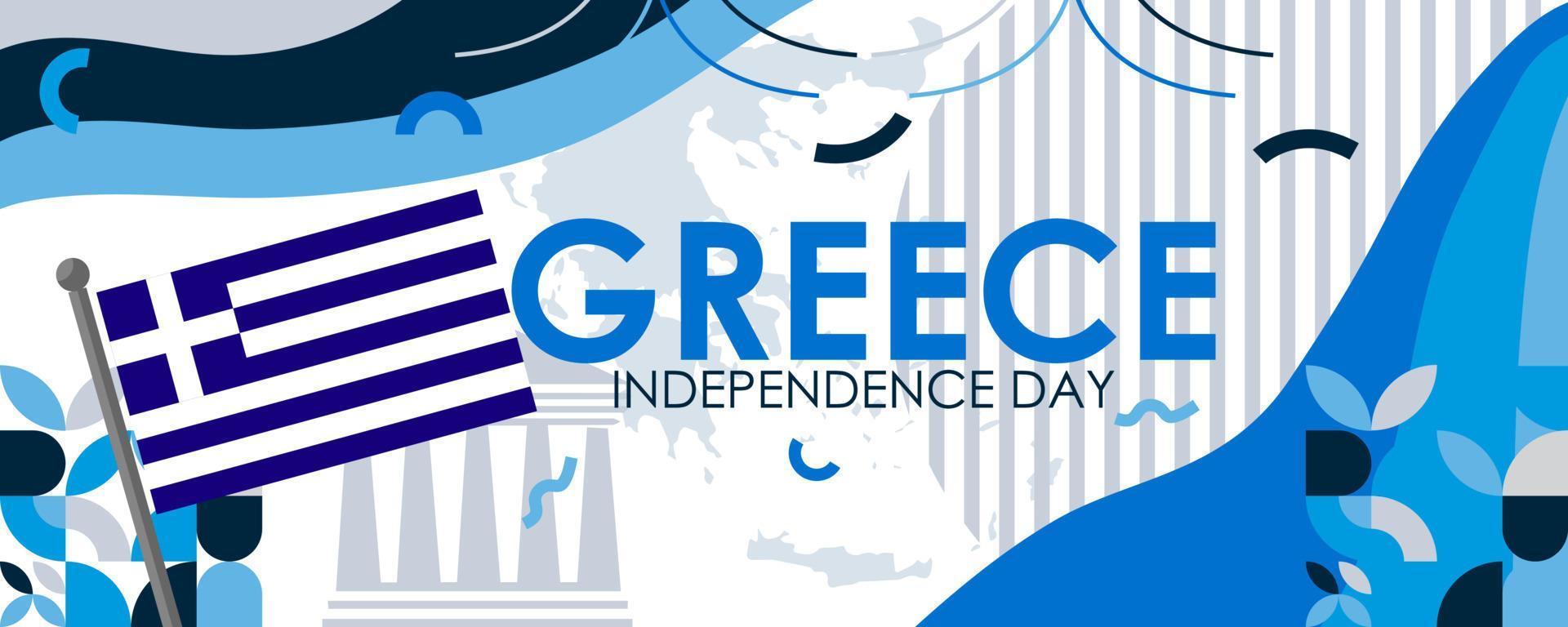 greece independence day banner with greek flag colors theme background and geometric abstract retro modern design. Multiple landscapes of greece, celebration of independence day. vector