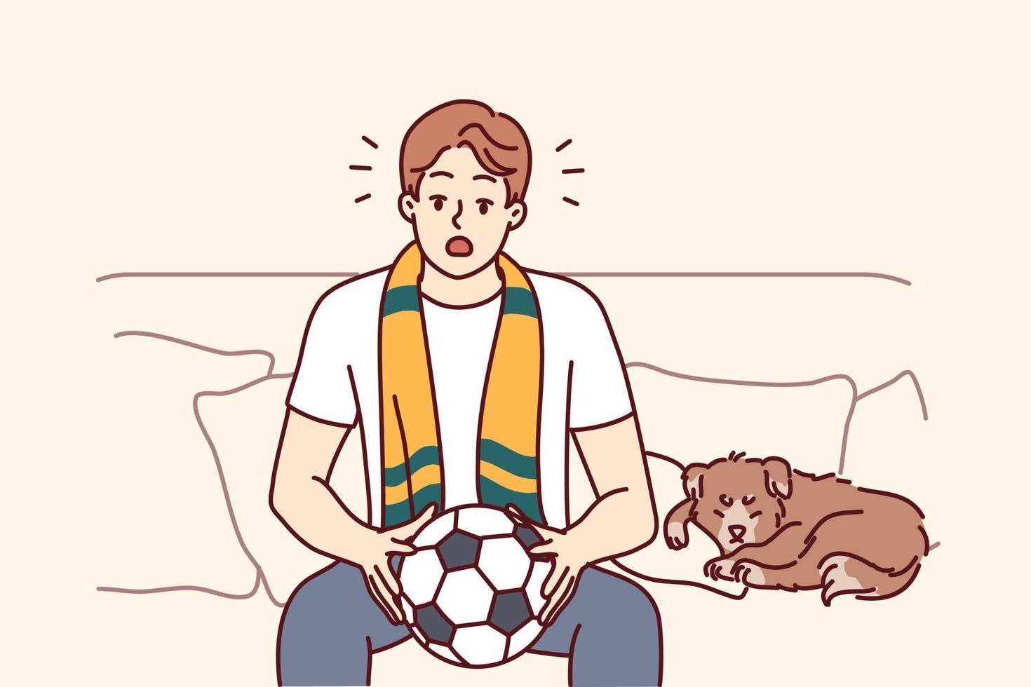 joven hombre sentar en sofá acecho fútbol americano juego a hogar. masculino deporte ventilador con pelota en manos disfrutar partido adentro. vector ilustración.