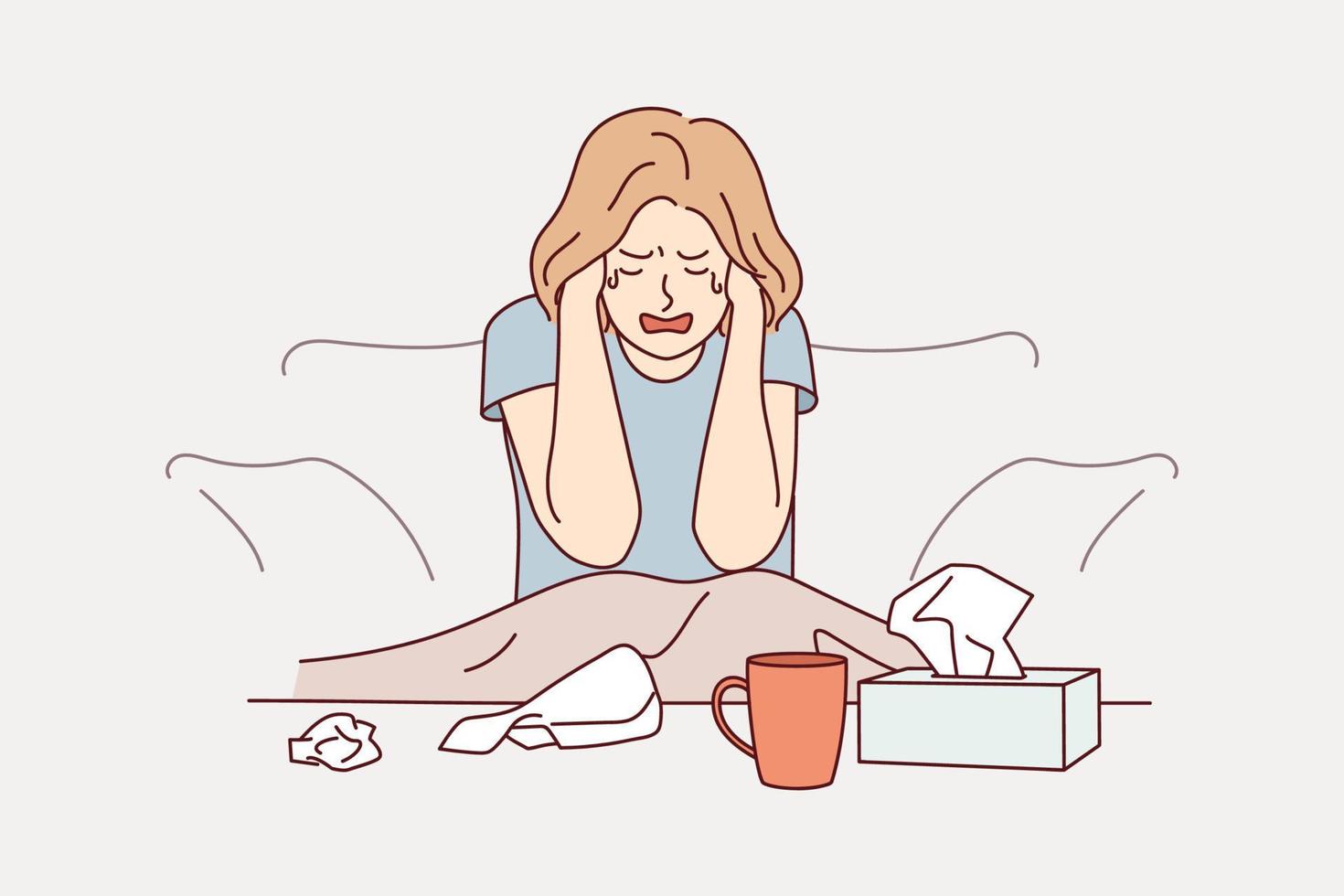 Unhappy young woman sit on couch at home crying suffering from depression or life problems. Sad girl feel down distressed alone. Breakup and mental trouble. Vector illustration.