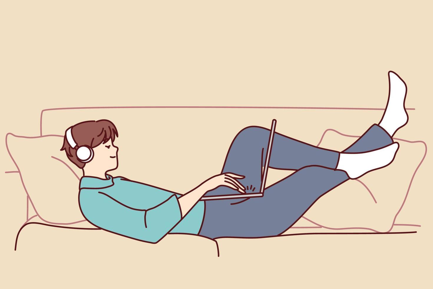 Happy man lying on couch wear headphones work on laptop. Smiling guy relax on sofa at home listen to music in earphones using computer. Vector illustration.