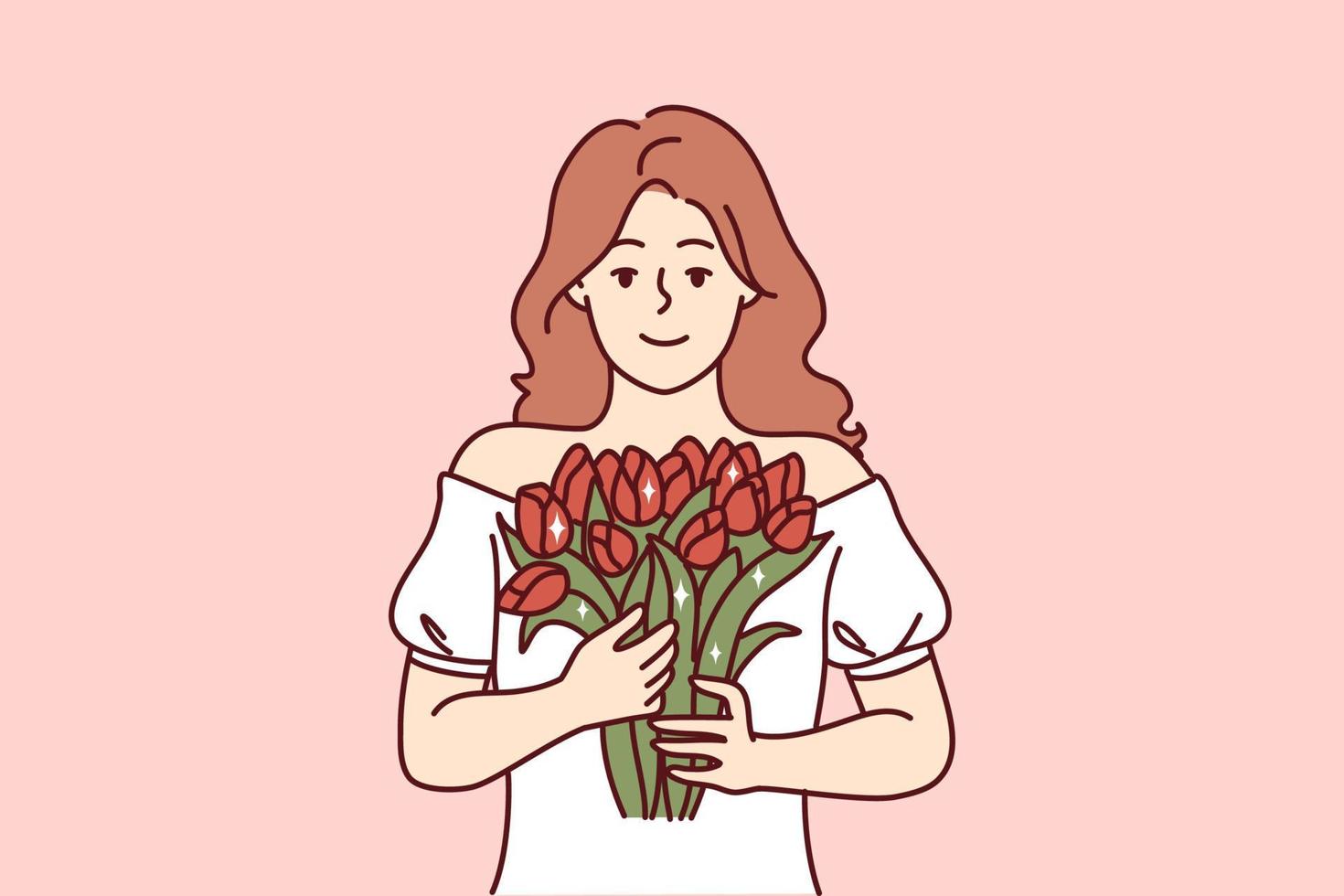 retrato de sonriente mujer participación flores en manos. contento niña con ramo de flores sensación contento celebrando cumpleaños aniversario. vector ilustración.