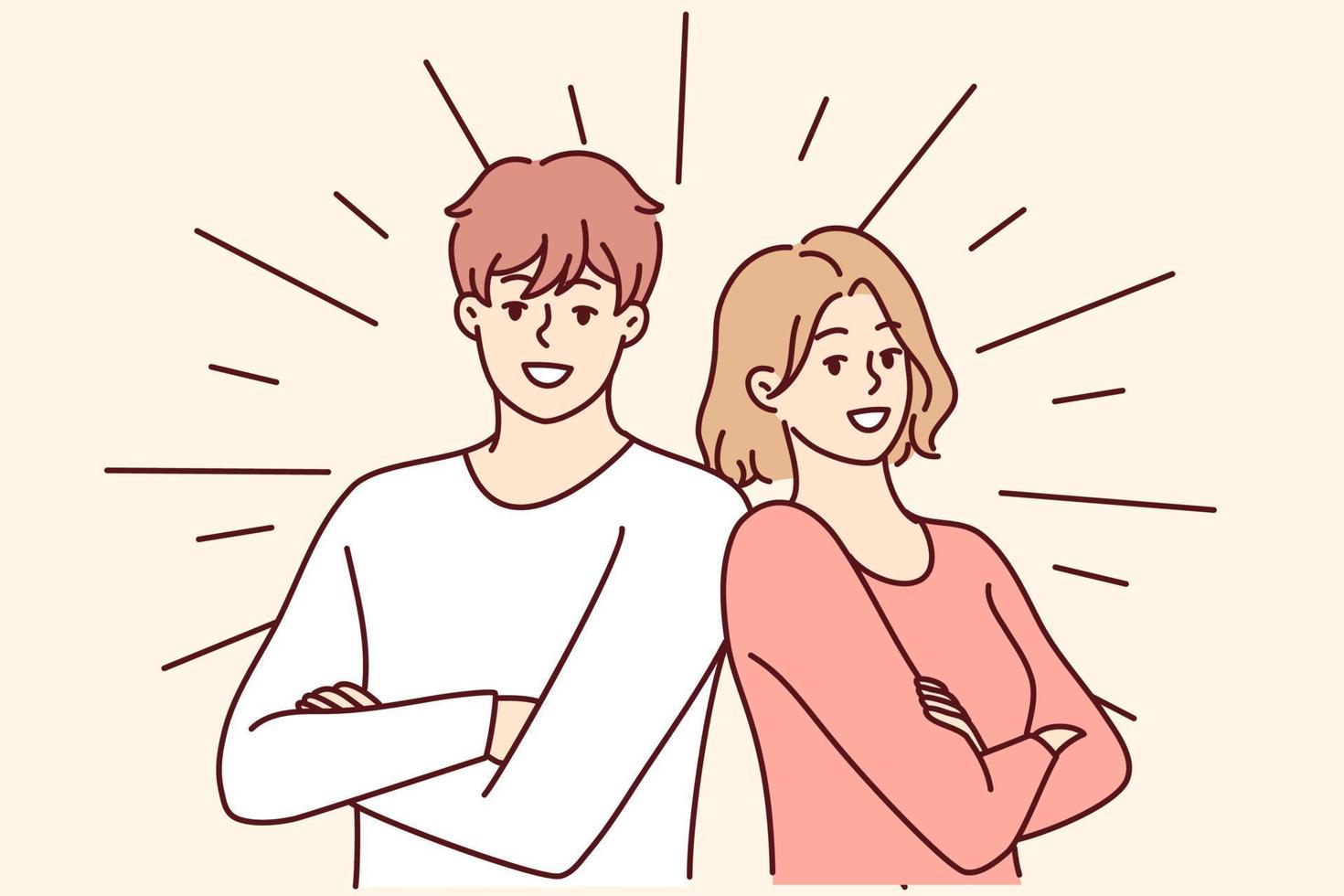 retrato de sonriente Pareja posando juntos sensación positivo y optimista. contento hombre y mujer espectáculo liderazgo y éxito. vector ilustración.