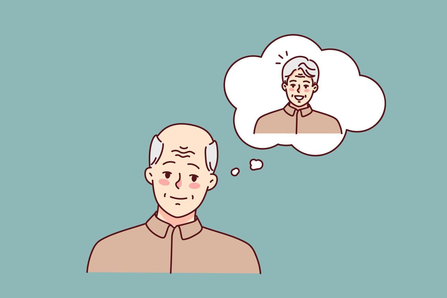 Old man remember young year. Mature grandfather suffer from baldness and alopecia. Healthcare and elderly troubles. Vector illustration.