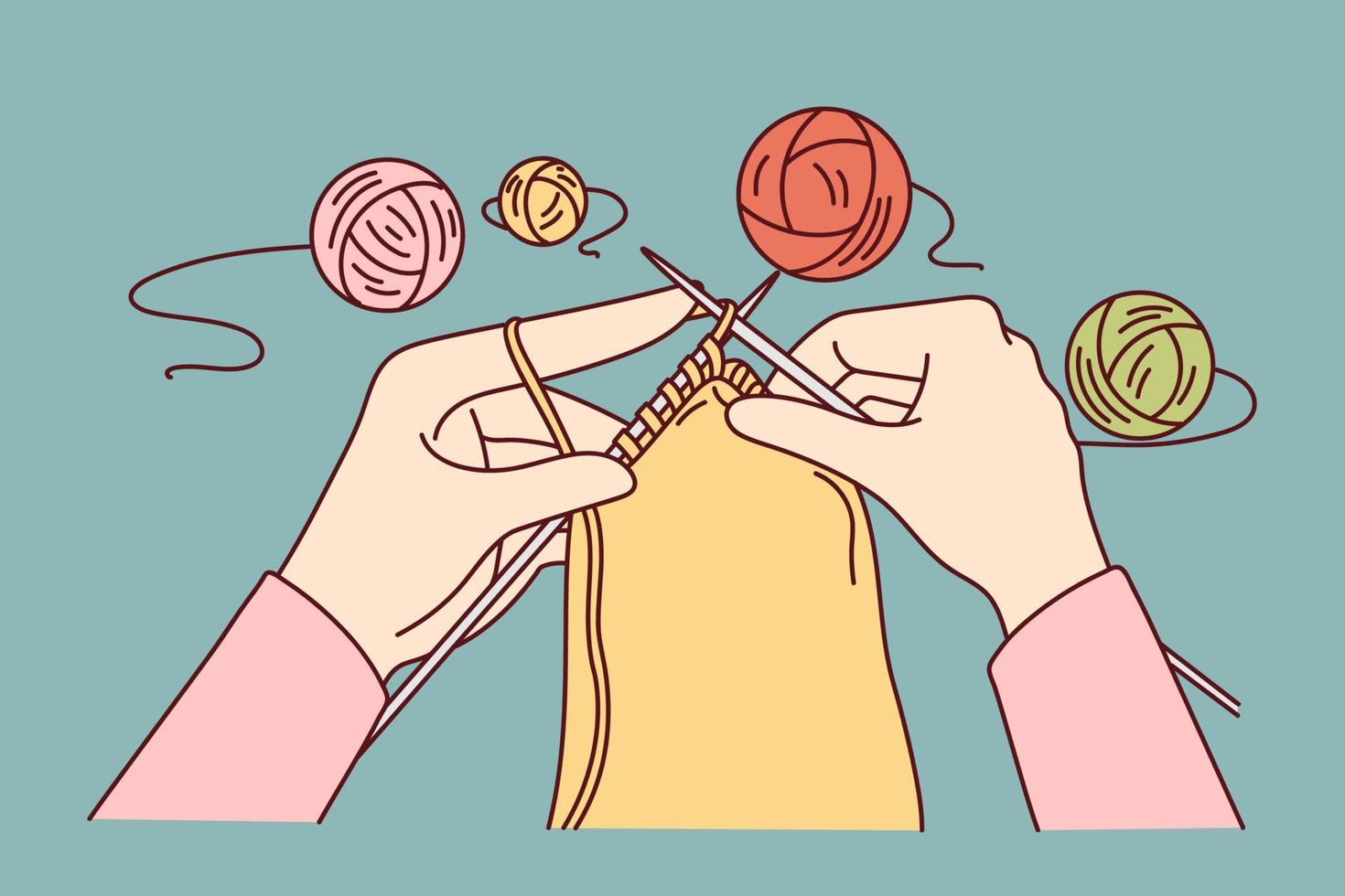 Closeup of woman knitting with needles and threads. Concept of art and craft, hobby and recreation. Vector illustration.
