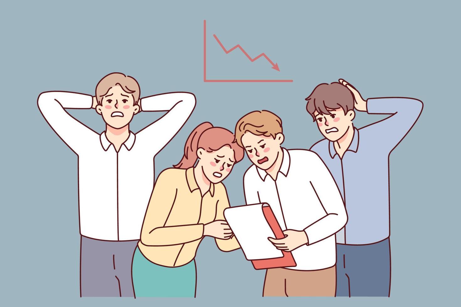 Stressed businesspeople frustrated with bad financial statistics. Unhappy employees worried with finance crisis. Work problems. Vector illustration.