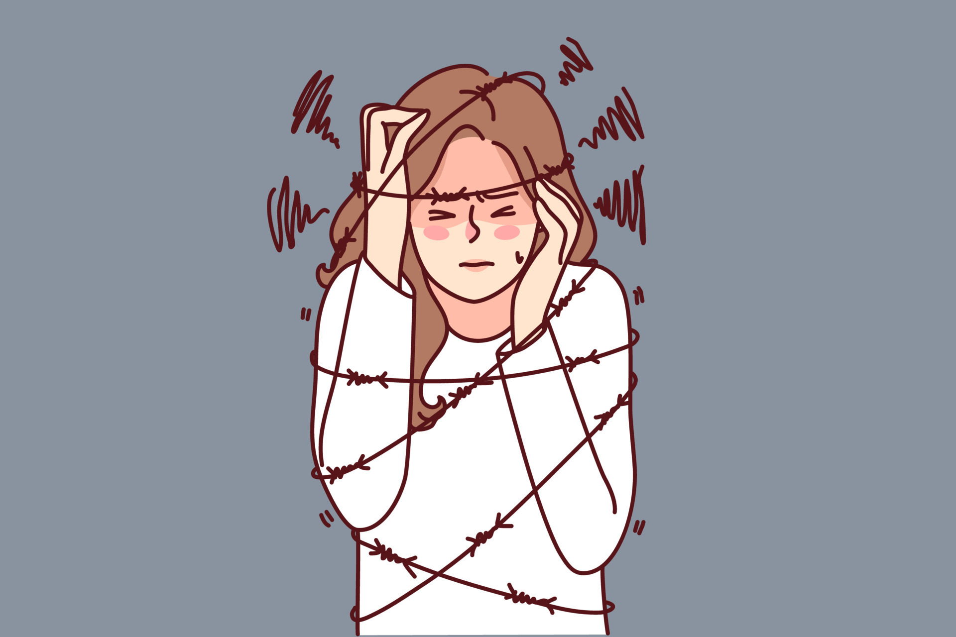 Unhappy woman in tight ropes suffer from mental or psychological