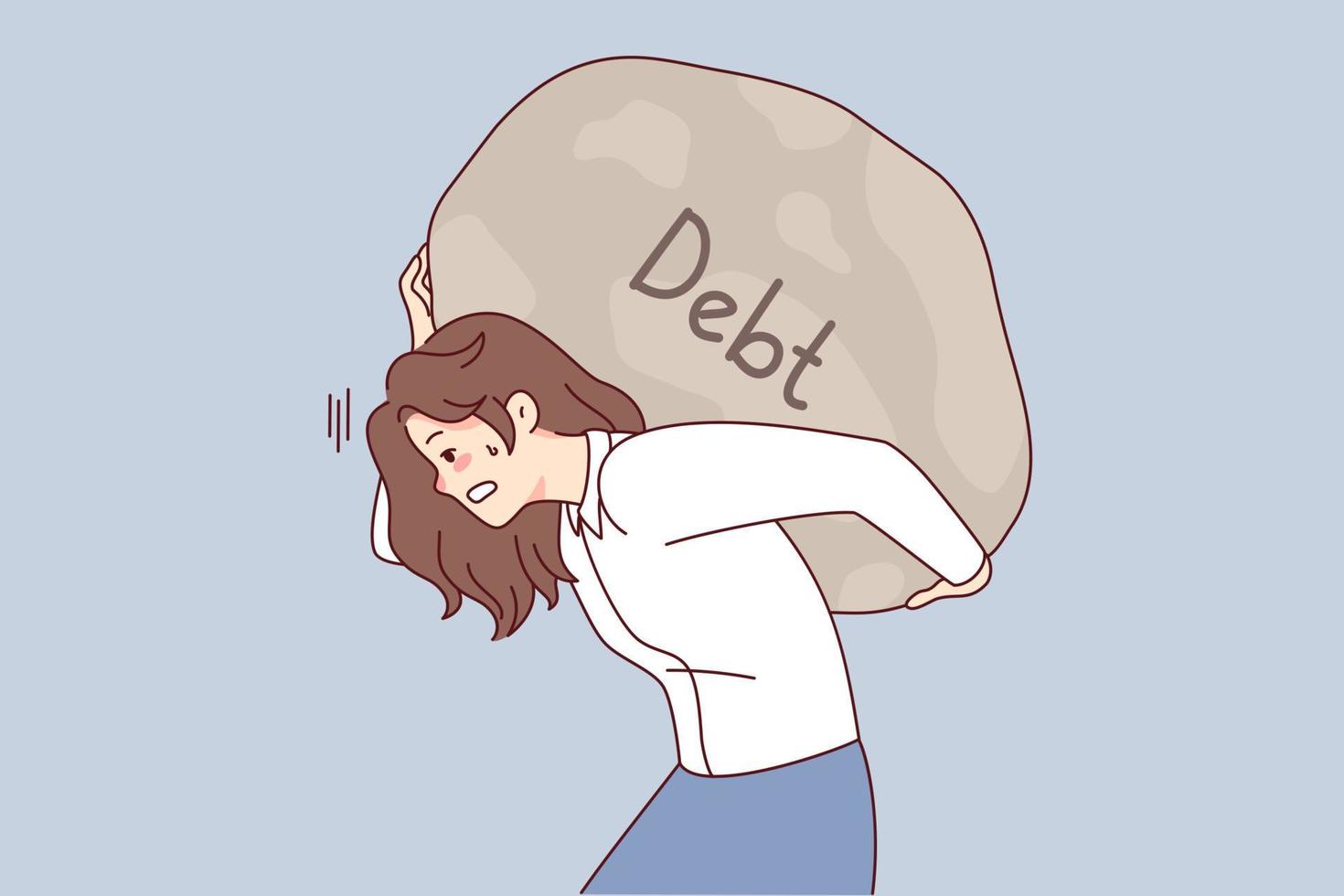 Tired woman carrying huge stone on back suffer from debt or bankruptcy. Exhausted businesswoman hold big boulder on shoulders struggle with financial problems. Vector illustration.