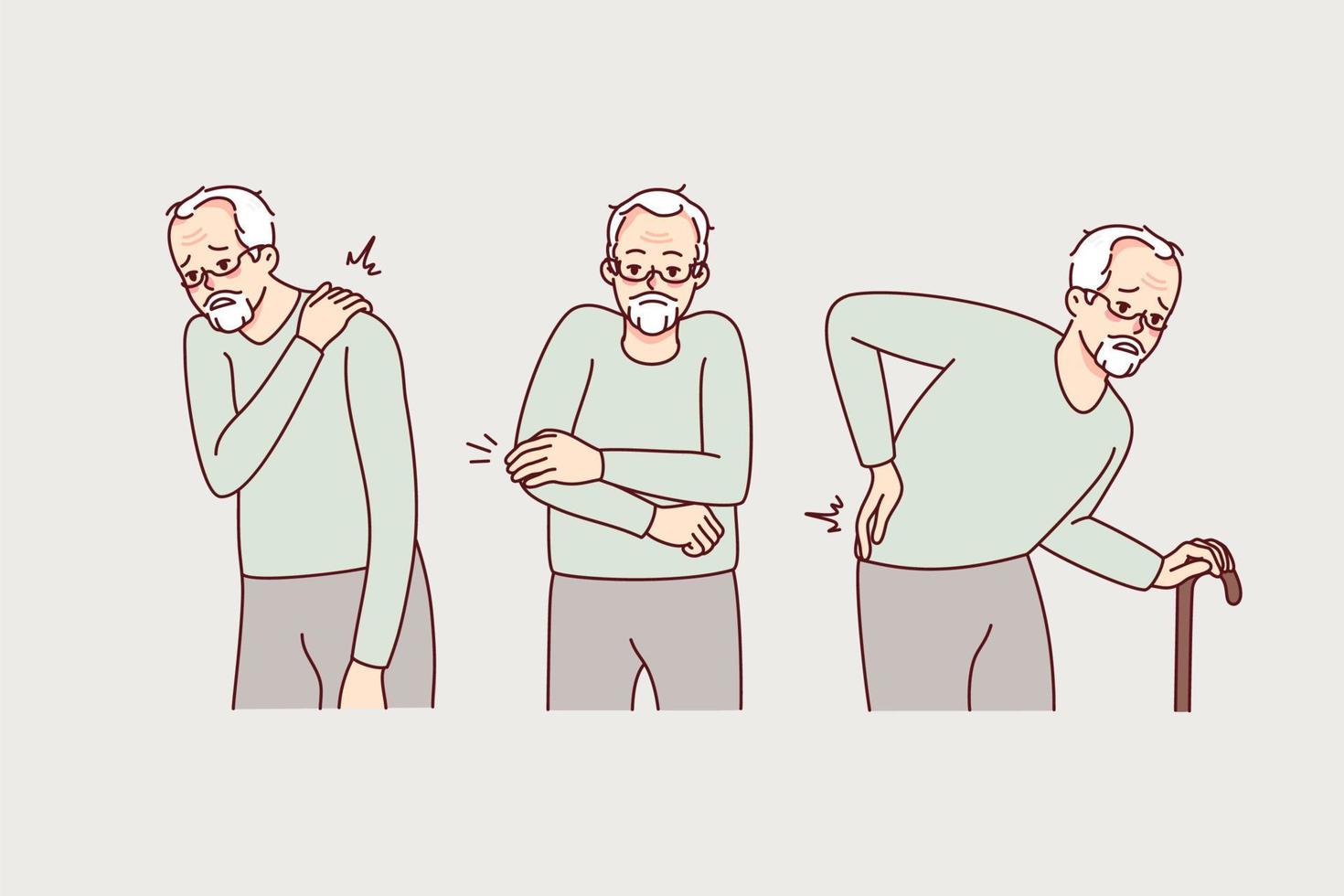 Unhealthy old man suffer from health problems. Unwell mature grandfather struggle with sickness or disease. Elderly healthcare and geriatrics. Vector illustration.