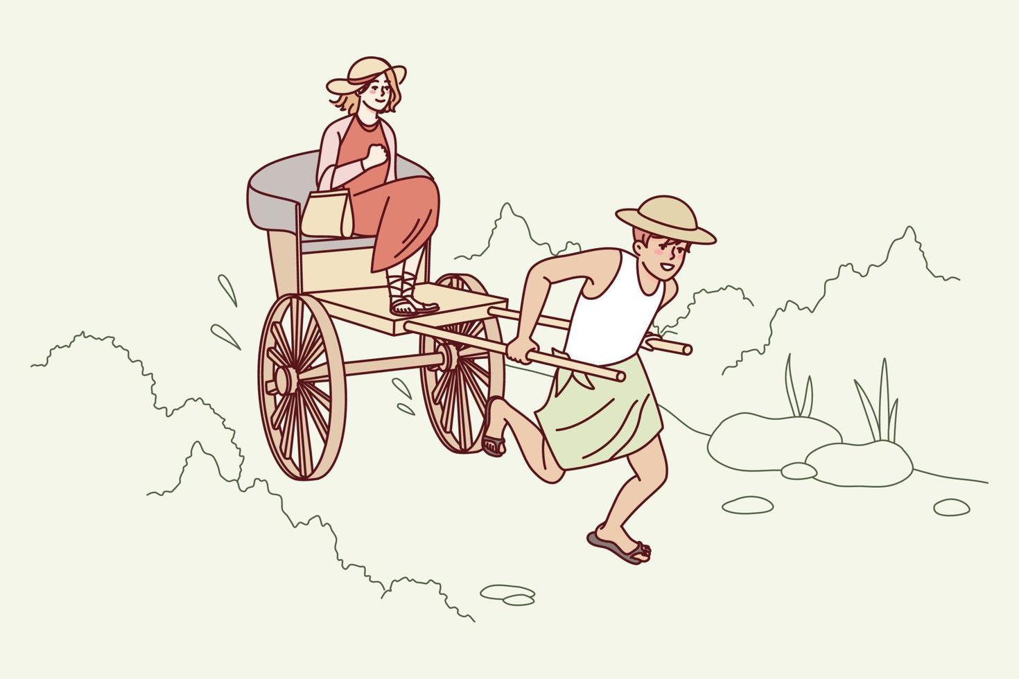 Man pulling rickshaw with woman sitting. Guy with wheeled cart riding female client outdoors. Vector illustration.