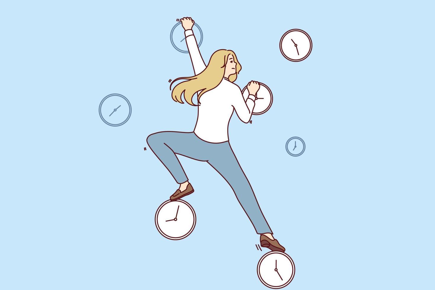 Purposeful woman freelancer climbs up clock wanting to get work done and meet tough deadlines on time. Freelancer is engaged in time management to complete orders and get satisfied customers vector