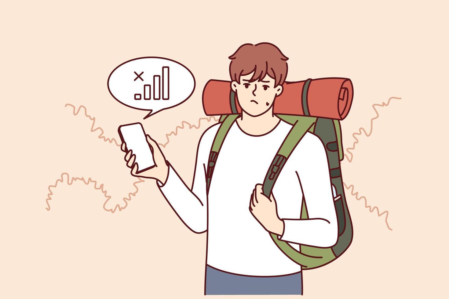 Lost traveler with backpack on back is looking for mobile network to find way home. Guy tourist got lost in forest and was sad when learned about lack of communication or bad GPS signal vector