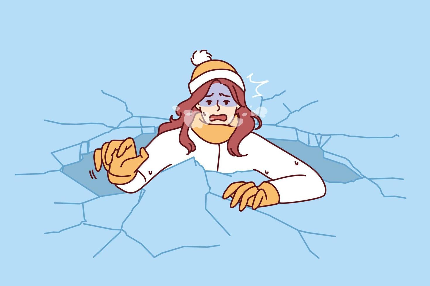 Drowning woman is trying to get out of hole in which fell while walking on frozen lake for concept adverse environmental conditions. Drowning girl got into trouble after natural disaster vector