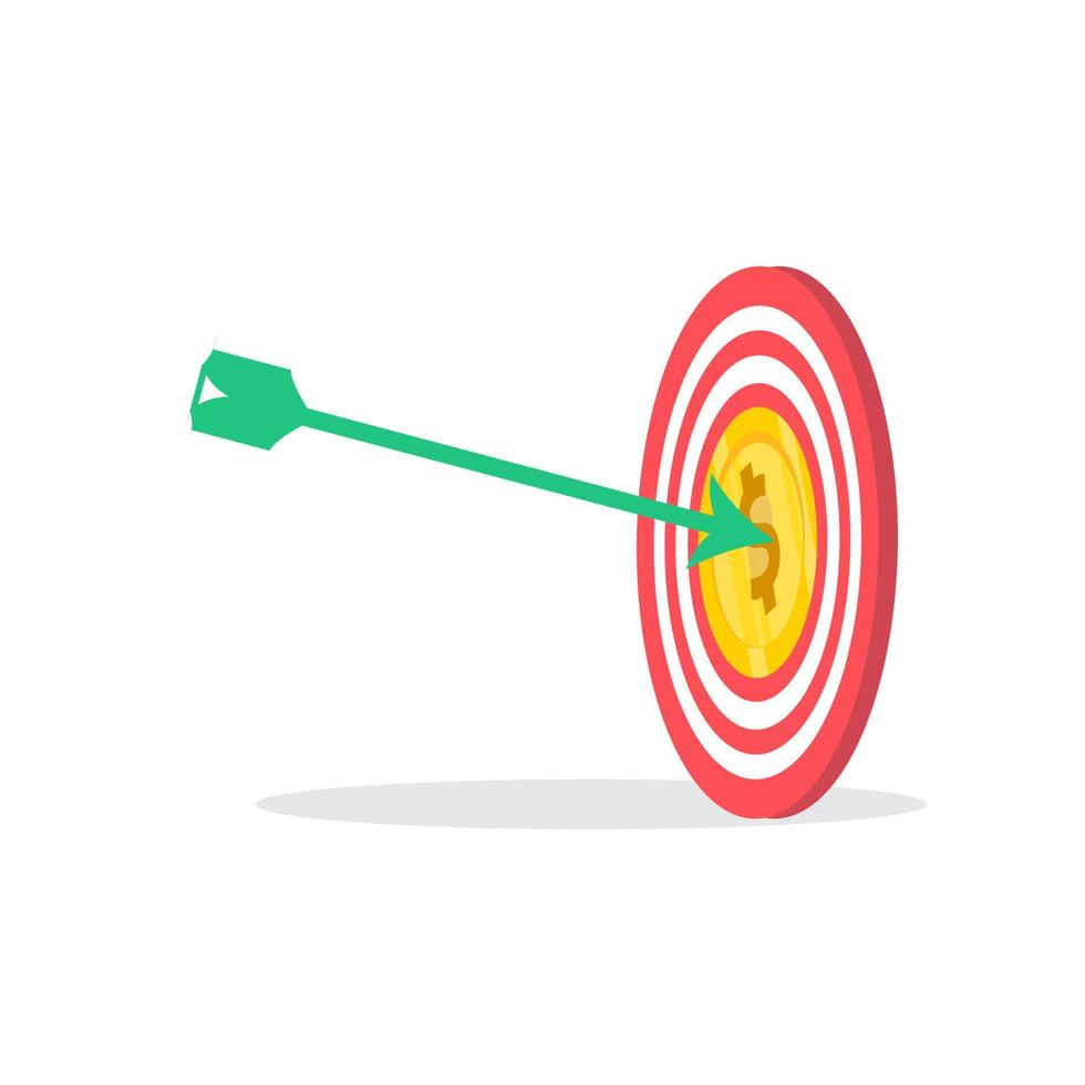 Target with arrow and pile of gold coins. Goal setting. Smart goal. Business target concept. Achievement and success. Vector illustration in flat style