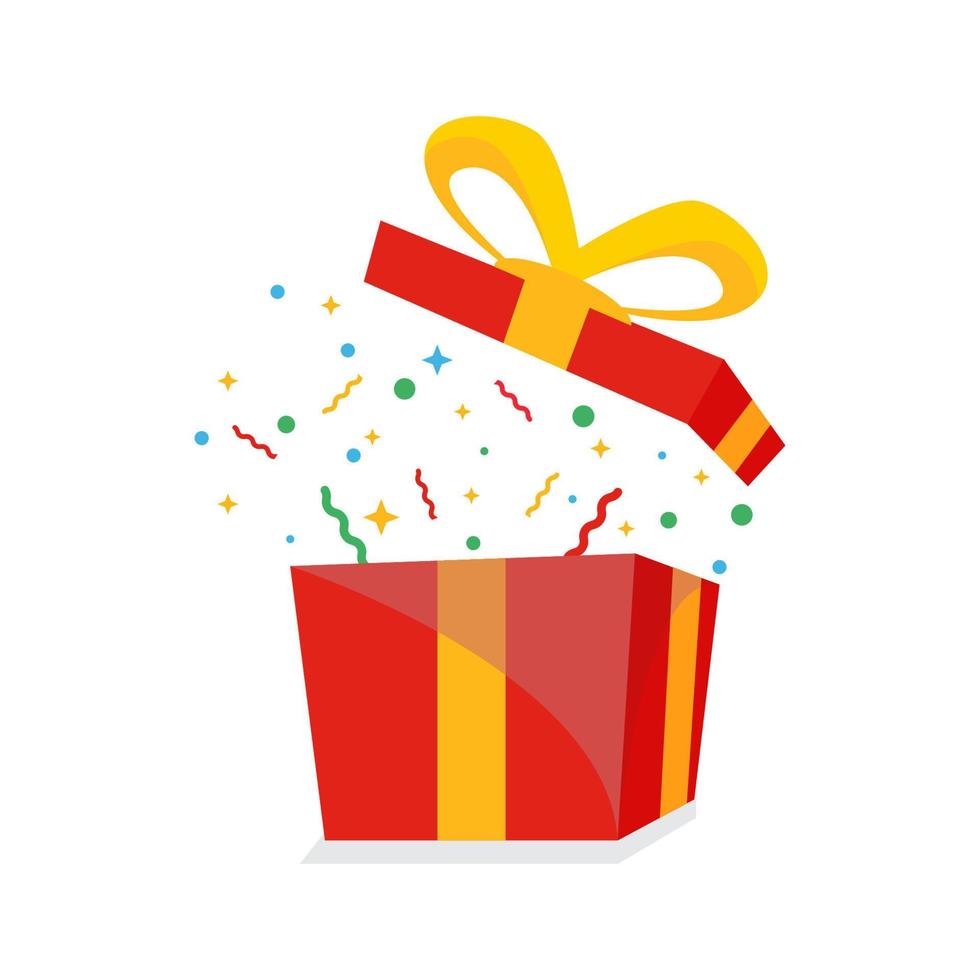 caja de regalo roja sorpresa, celebración de cumpleaños, paquete de regalo especial, recompensa del programa de fidelidad, regalo maravilloso con signo de exclamación, icono vectorial, ilustración plana vector