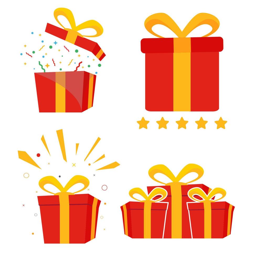 surprise Red gift box, birthday celebration, special give away package, loyalty program reward, wonder gift with exclamation mark, vector icon, flat illustration