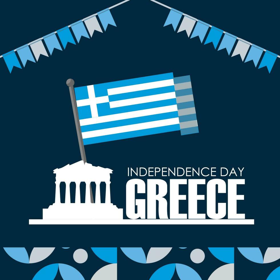 greece independence day banner with greek flag colors theme background and geometric abstract retro modern design. Multiple landscapes of greece, celebration of independence day. vector