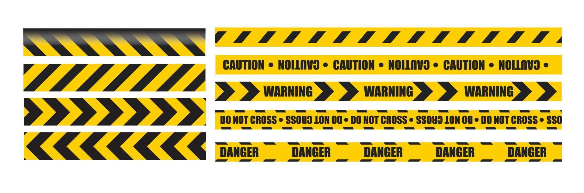 Caution tape set of yellow warning ribbons. Abstract warning lines for police, accident, under construction. Vector danger tape collection.