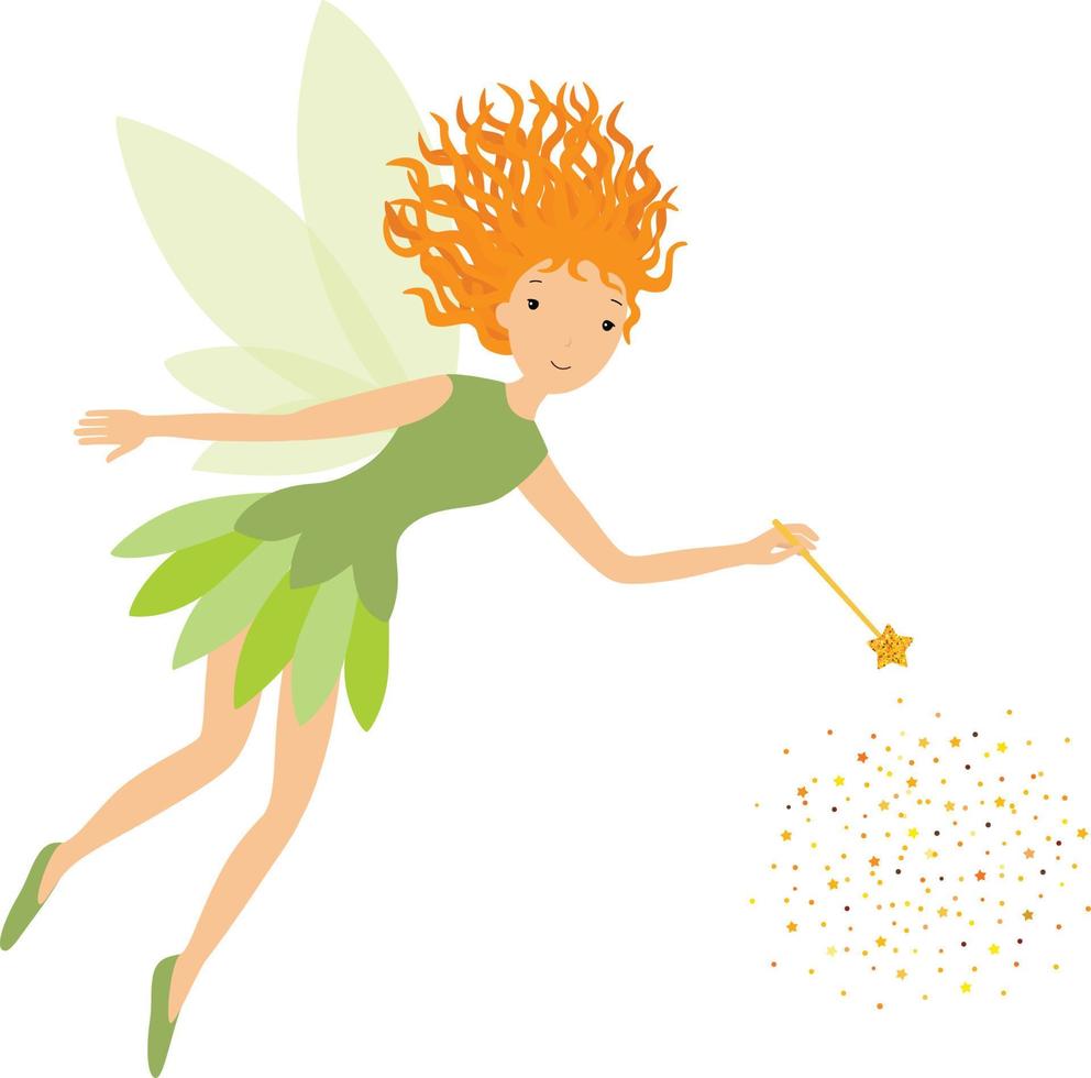 Cute green fairy in flight with a magic wand vector