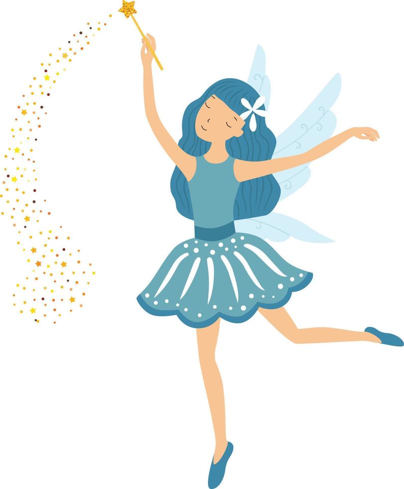 Cute blue fairy in flight with a magic wand vector