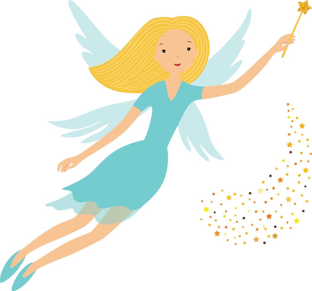 Cute blue fairy in flight with a magic wand vector