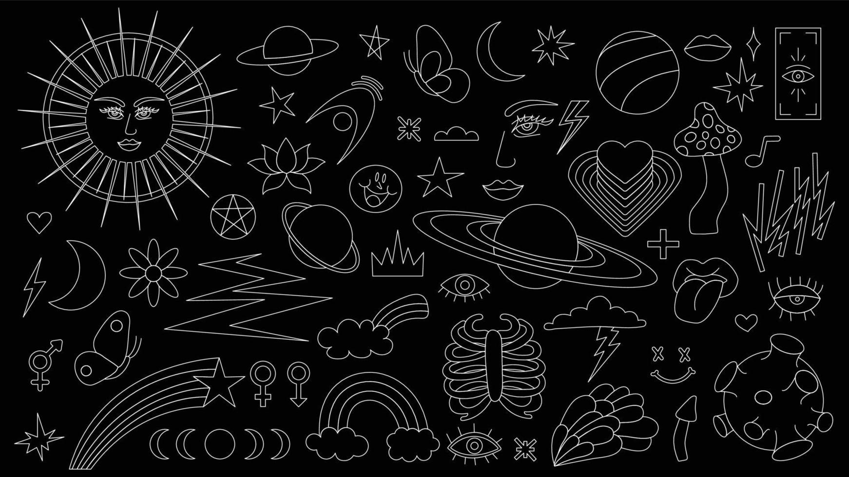 Magic background in retro style with hand drawn elements. Decorative mystical vector isolated pattern. editable stroke stickers. Esoteric element in minimalism. Collection of occult symbols tattoo art