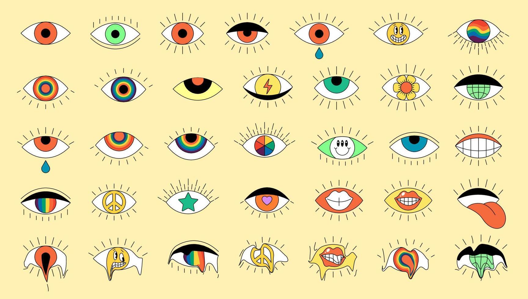 Retro boho eyes set. Psychedelic groovy hippie eye collection. Vintage hippy crazy various esoteric pupil sticker pack. Abstract 60s, 70s, 80s trendy style y2k vector eps illustration