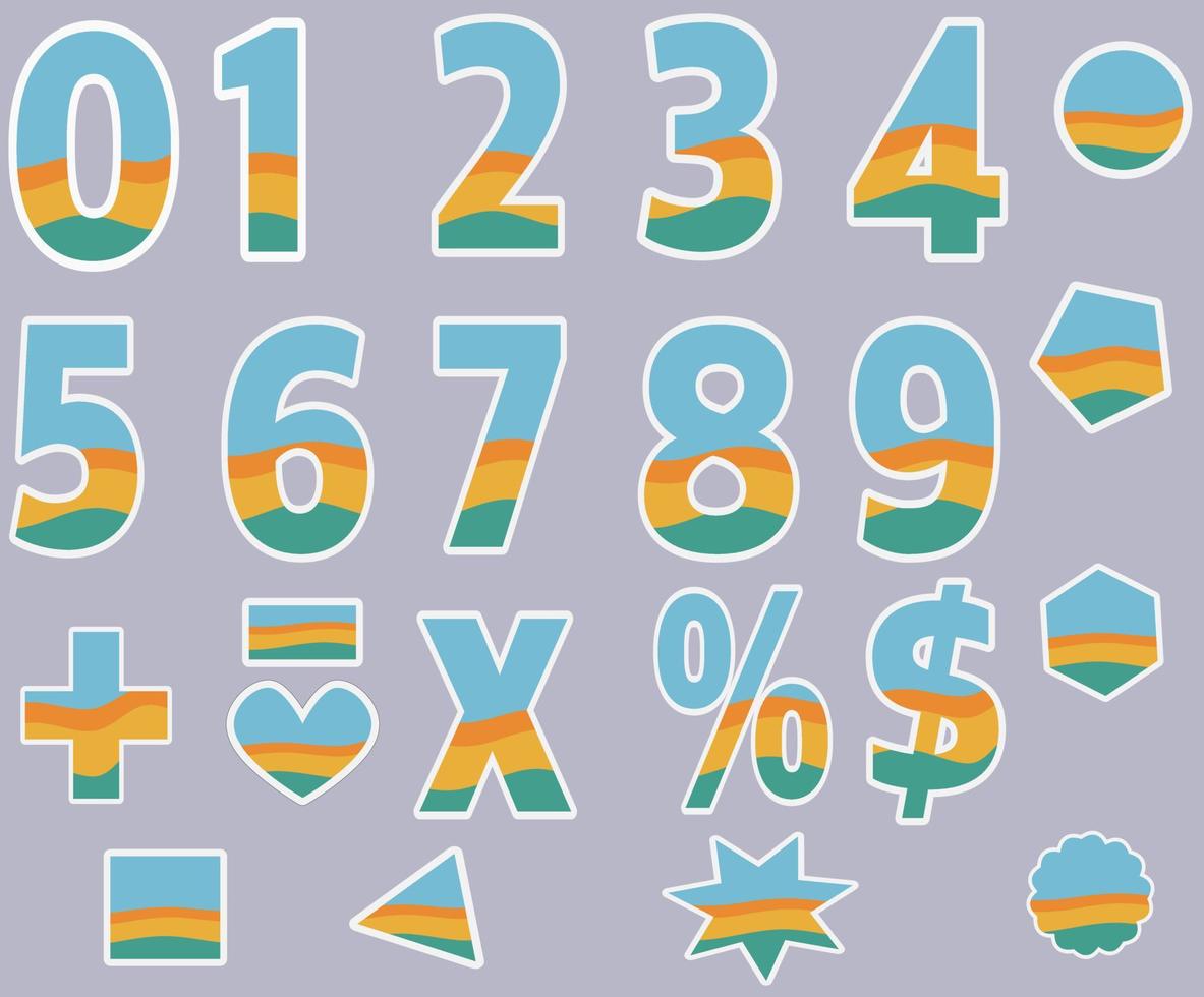 0 - 9 number alphabet font blue orange green white border font capital letter vector set